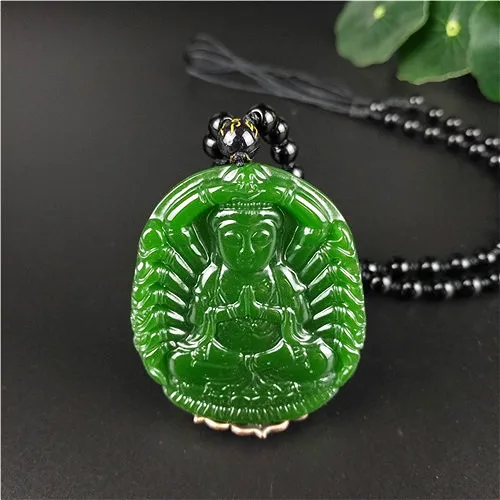 

Natural Green Chinese Jade Thousand-hand Bodhisattva Pendant Necklace Charm Jewelry Carved guanyin Amulet Gifts for Women Men