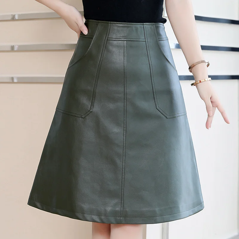 Женская Юбка миди из искусственной кожи черная или зеленая офисная юбка А