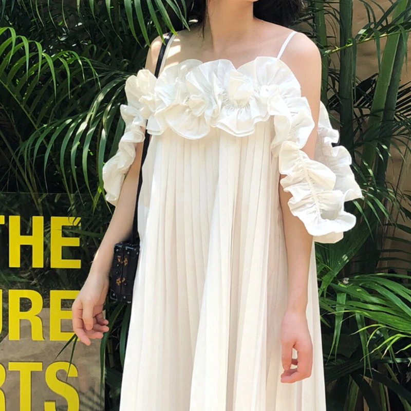 TWOTWINSTYLE Elegant Striped Ball Gown Dress Square Collar Spaghetti Strap Loose Patchwork Ruffles Midi Dresses For Female Tide | Женская