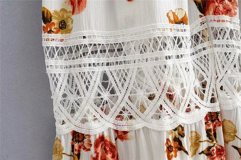 

Elegant Women Lace Hollow Out Dress 2021 Fashion Ladies Floral Print Dress Streetwear Female Chic V-Neck Slit Strap Dresses
