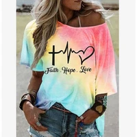 new tie dyed t shirt summer color gradient womens fashion short sleeve faith hope love t shirts ladies tops loose pullovers