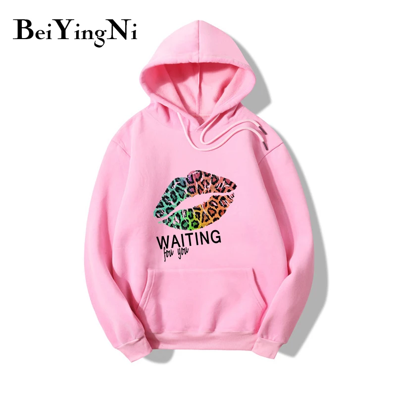 

Beiyingni Leopard Lip Kiss Graphic Women Hoodies Pockets Loose Vintage Harajuku Casual Pullovers Tops Female Chic Street Hoody