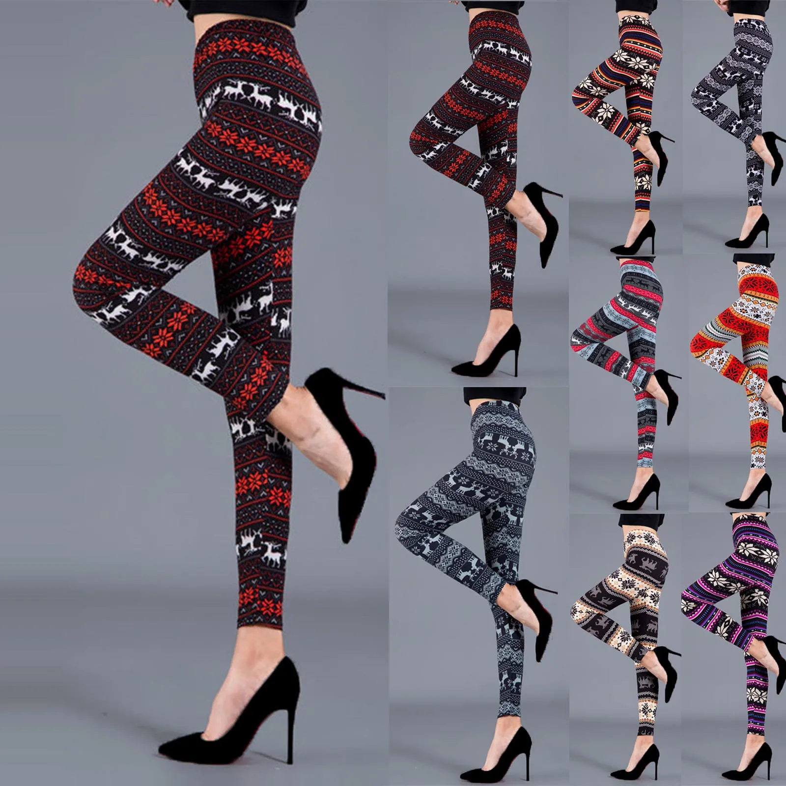 Женские длинные брюки с рождественским принтом повседневные облегающие зимние