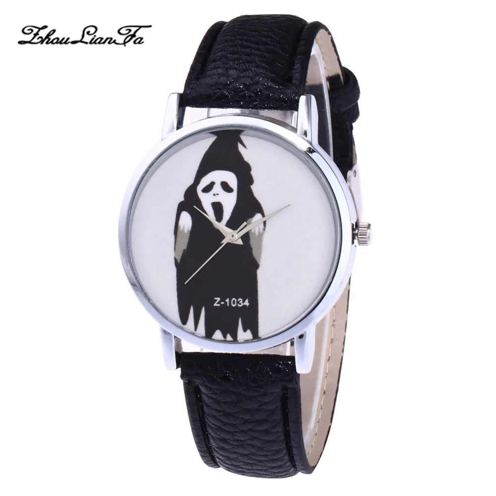 

Retro Children Quartz Watch Ladies Blue Leather Strap Horror Halloween Pattern Alloy Dial Kids Watches Women Watches Mens Gift