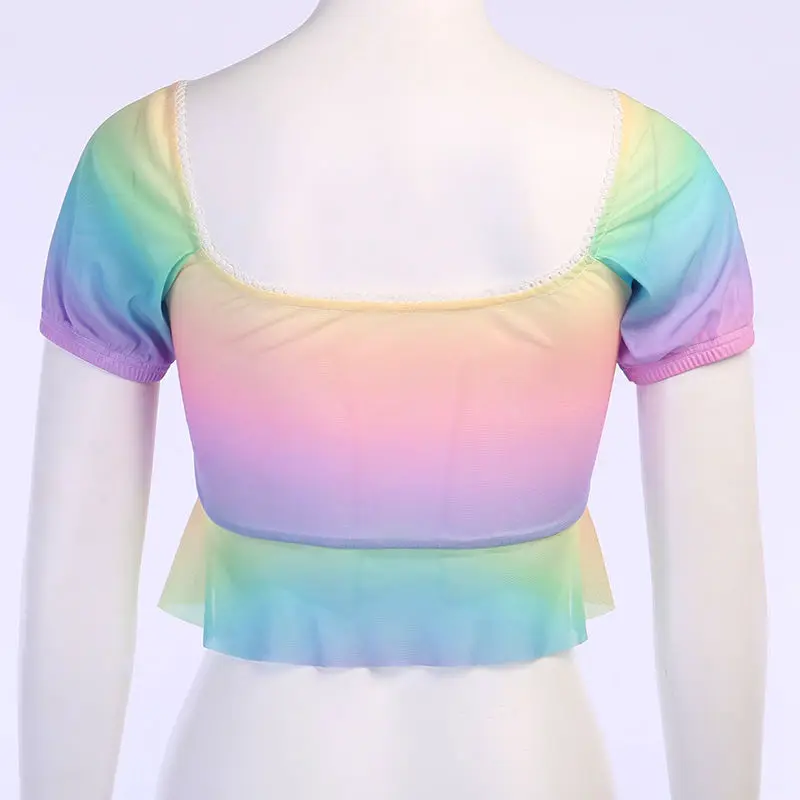 

HOUZHOU Tie Dye T Shirt Y2k Harajuku Crop Female Summer Sexy Ruffle Tops Girl Short Sleeve Corset 90s Aesthetic Fashion New 2021