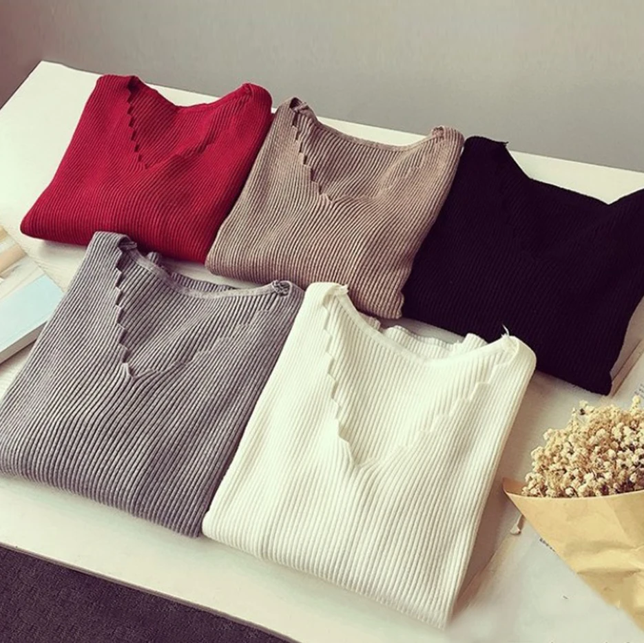 Женский сексуальный вязаный свитер с v-образным вырезом 2019 модный осенний зимний