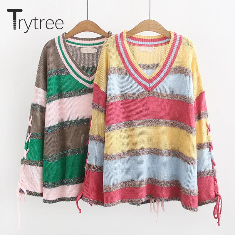 Trytree/осенне-зимний женский свитер Повседневный с v-образным вырезом в полоску