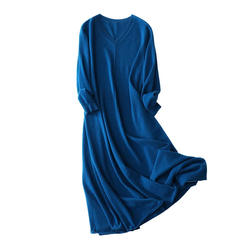 

winter 2020 new 100 pure cashmere dress women sweater long knitting long V-neck women's clothing wholesale