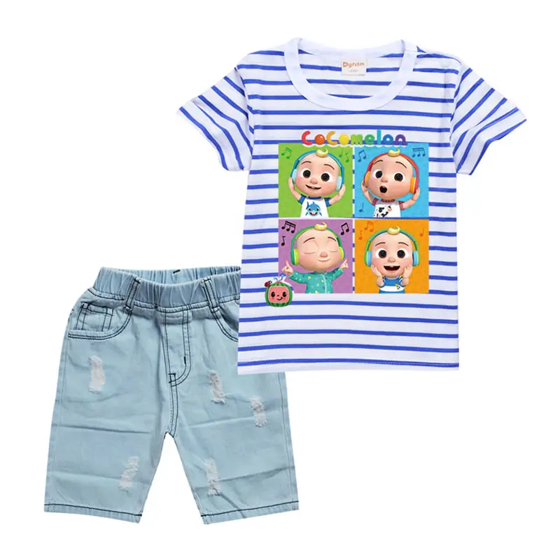 

Summer Cocomelon Denim Set For Baby Girl Cloth 2021 Children Cartoon Striped T Shirt Tee+Denim Shorts 2pc Outfit Kid Tracksuit