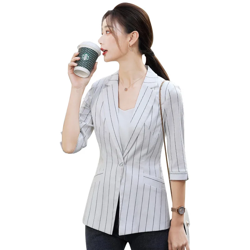 

Fashion Women's Striped Jacket Summer and Autumn Women Suit Blazer Coat White Yellow Woman Jaqueta Slim Design Top Blaze 4xl