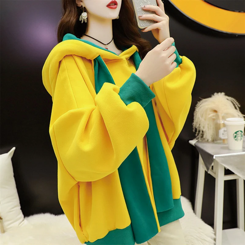 

Casual Solid Patchwork Long Sleeve Thick Fleece Hoodies Fashion Oversized Mid Length Hoodie 2021 Korean Hooded Sweatshirts