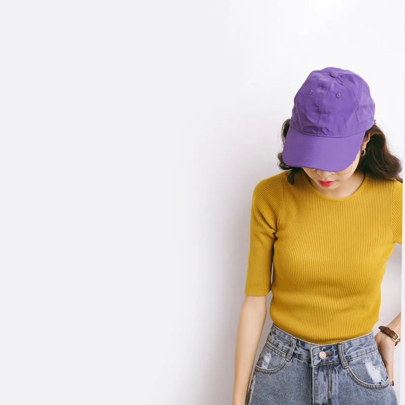 

Half Sleeve Ribbed Top Women Slim Fitted Sweater Knitted Pullover Solid