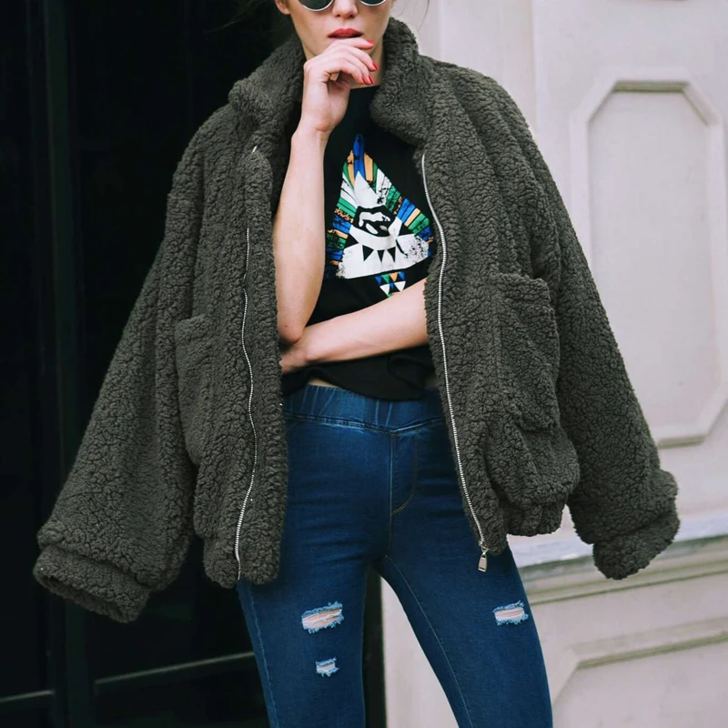 Faux Fur Coat Women 2022 Casual Warm Soft Zipper Fur Jacket Plush Overcoat Pocket Oversize Teddy Coat Female Autumn Winter