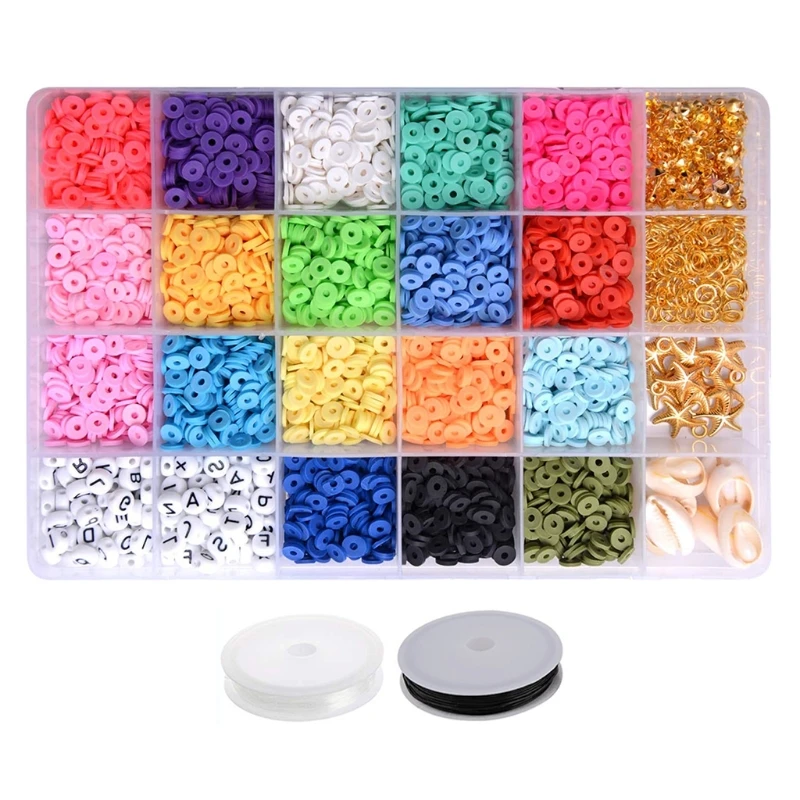 

Flat Round Polymer Clay Spacer Beads with Pendant Accessory and Elastic Cord for Diy Jewelry Making Bracelet Necklace