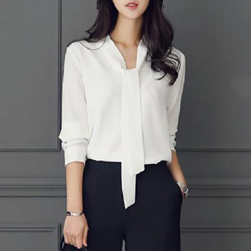 Женская рубашка с бантом офисная элегантная женская однотонная блузка длинными