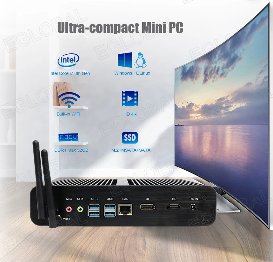 Настольный компьютер Eglobal Win10 intel core i7 8565U HD Graphics 620 300 м Wi Fi мини ПК без вентилятора DP