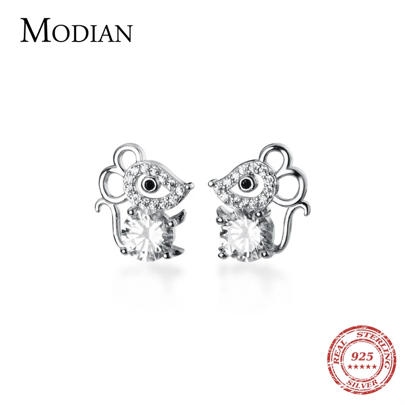 Modian Real 925 Sterling Silver Cubic Zircon Cute Mouse Stud Earrings for Women Fashion Animal Ear Pin Fine Jewelry 2020 New | Украшения и