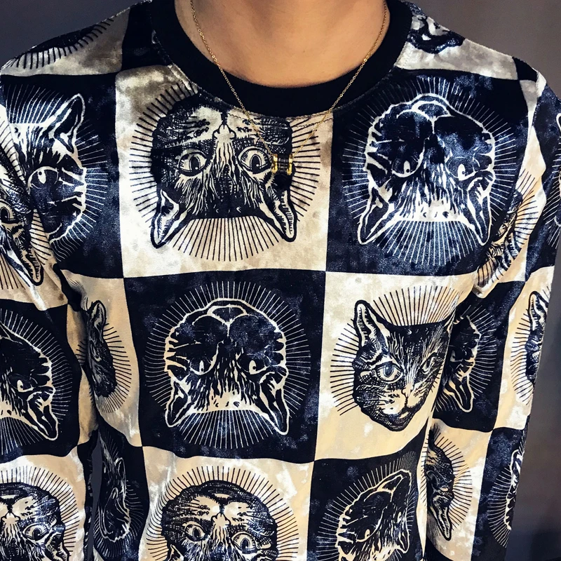 Мужская бархатная футболка с принтом в виде головы кошки