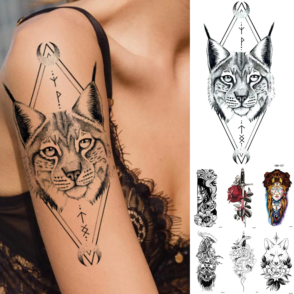 Водостойкая Временная тату-наклейка, Геометрическая кошка, волк, смерти, вспышка, татуировки, искусственная татуировка на руку для мужчин и ...