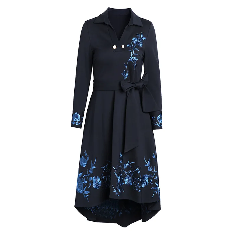 

Chic Autumn and Winter New Women's Large Size Embroidery Irregular Dress Simple Commute OL Slimming