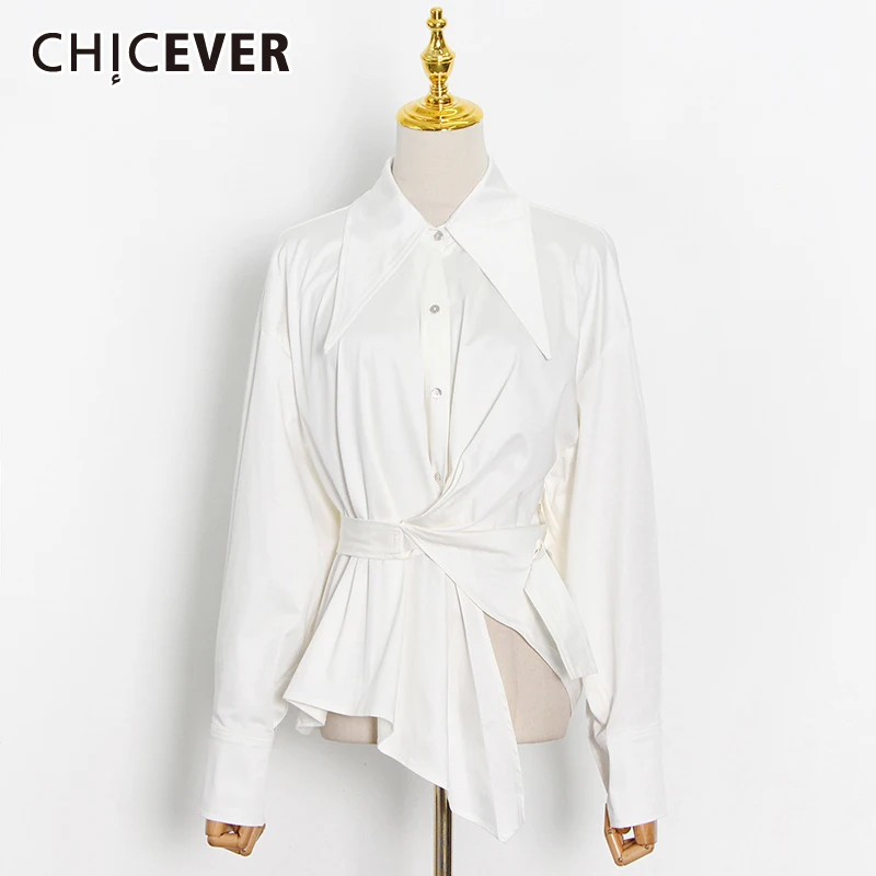 

CHICEVER White Irregular Patchwork Girdle Shirt For Women Lapel Collar Long Sleeve Buttons Blouse Female 2021 Summer Clothes New