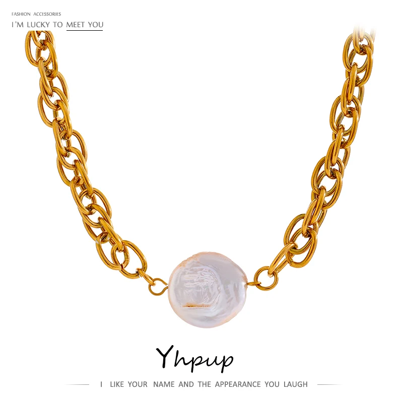 

Yhpup New Stainless Steel Jewelry for Women Fashion Natural Pearl Chain Necklace joyería acero inoxidable mujer Anniversary Gift