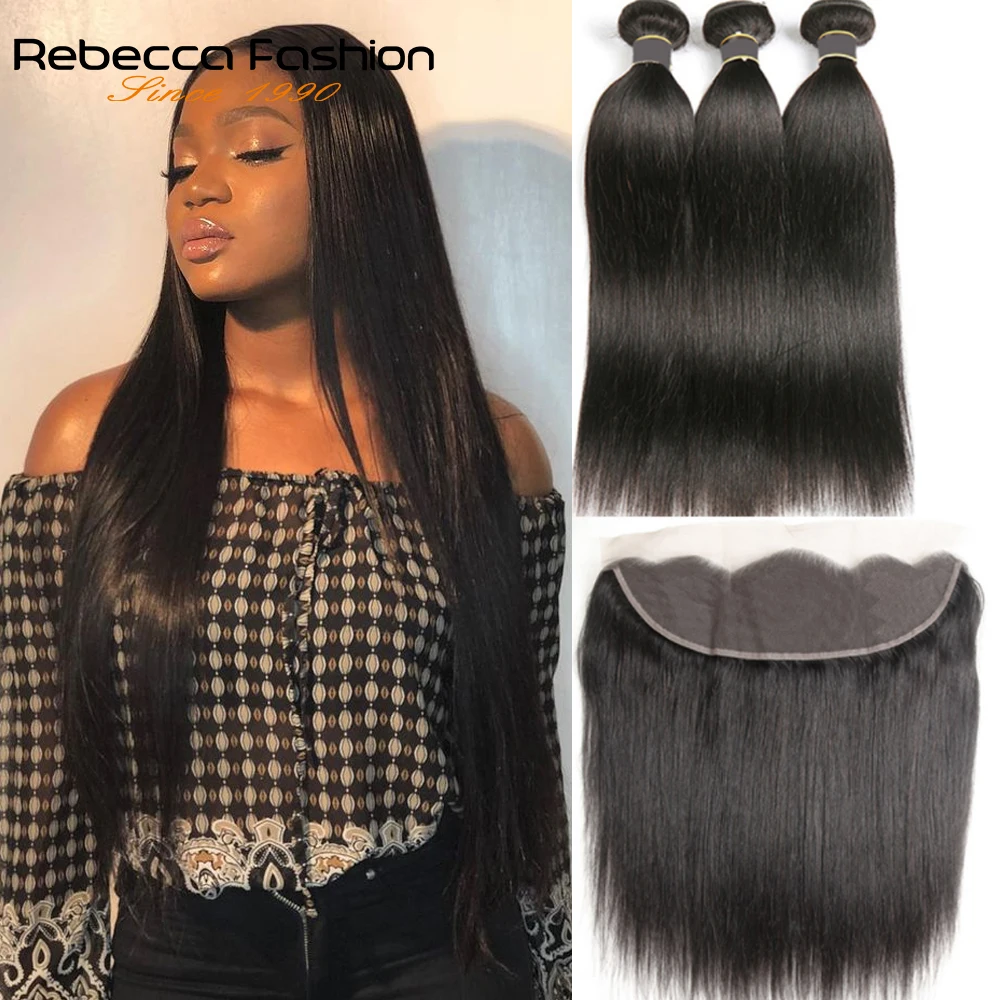 

Rebecca Straight Hair Lace Frontal Closure With Bundles Remy Brazilian Human Hair With Frontal 3 and 4 Bundles With Frontal