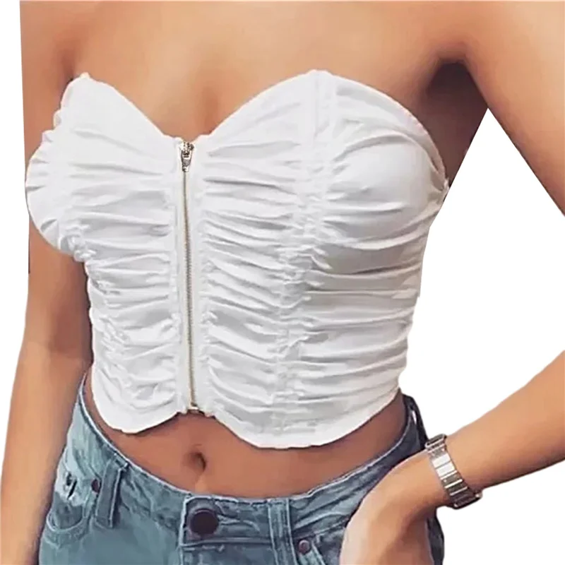 

Новинка 2021, женские летние сексуальные плиссированные топы, модные однотонные Топы без бретелек с открытыми плечами и молнией