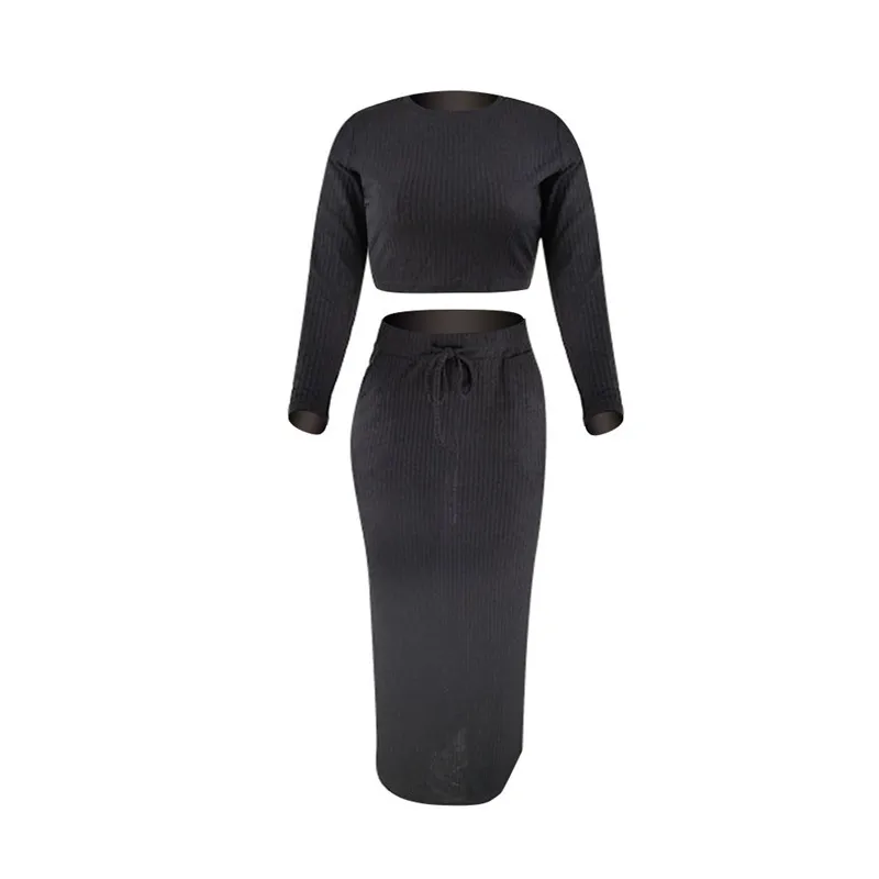 

Women set Sexy crop top and dress 2 pieces set women's clothes long sleeves autumn woman knitted sweater sets two peice set