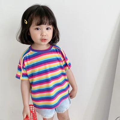 

2021 Summer New Rainbow Striped Girls T-shirt Korean Baby Tops Children's Loose Short Sleeve Striped T Shirt Baby Clothes 2-7Y