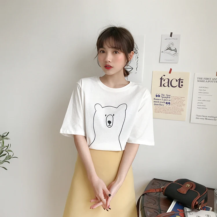 2 colors 2019 summer women tops korean style cartoon bear print short sleeve t-shirts womens tee shirt femme (F3665) | Женская одежда