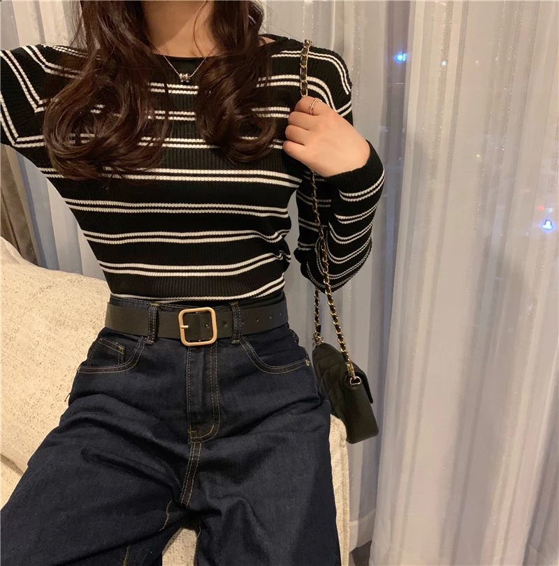 Women Long Sleeve Fashion Striped Sweaters O Neck Bottoming Slim Sweater Female Casual Pullover Tops |