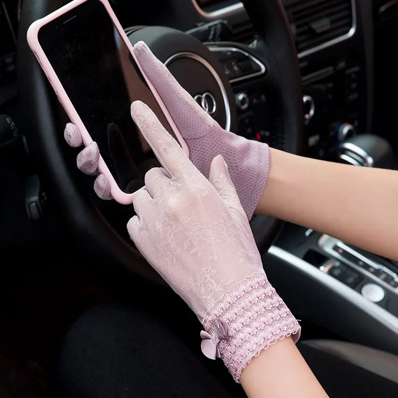 

Summer Spring Women Sun Protection Outdoor Ice Silk Breathable Finger Driving Gloves Non-slip Touch Screen Ladies Mitten