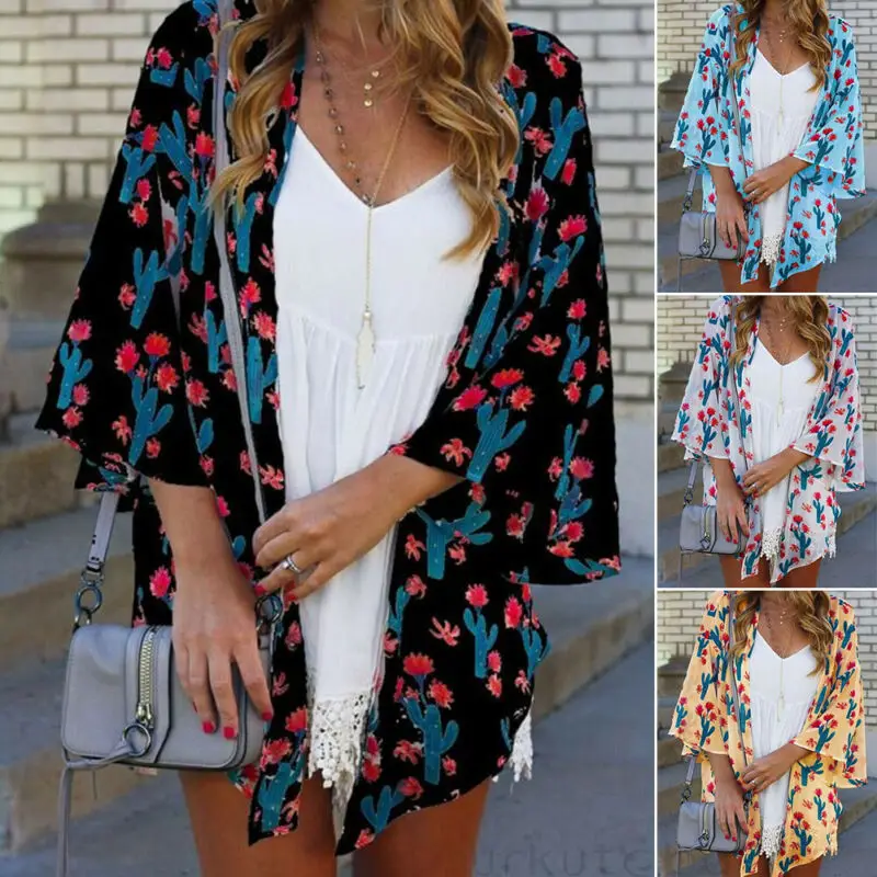 Женская Блузка С КАКТУСОМ длинное кимоно кардиган свободного покроя Длинные