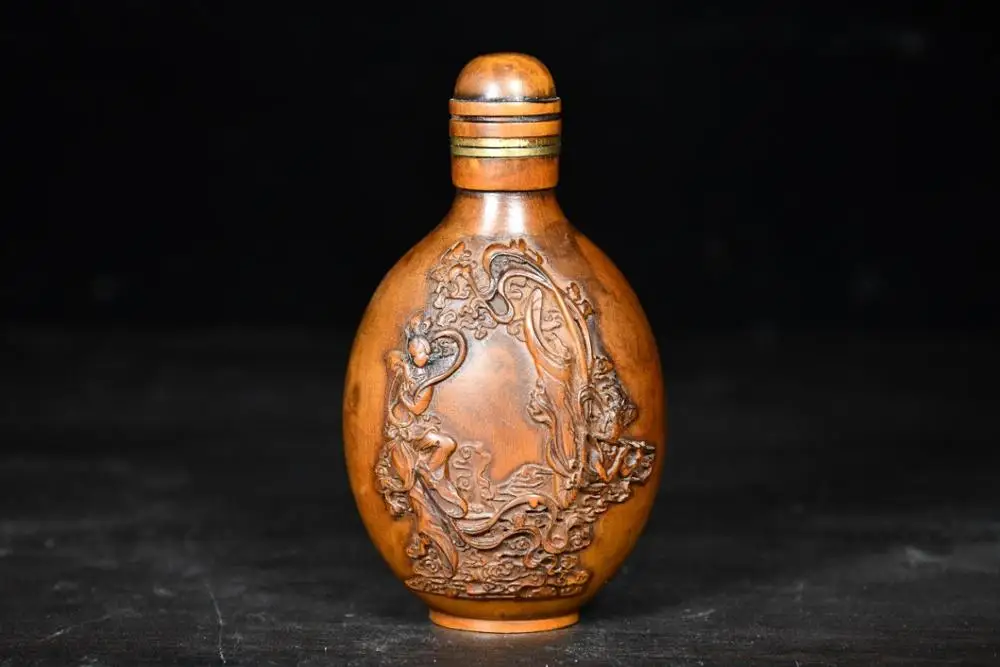 

Home Decor 4" China Collection Old Boxwood snuff bottle Fairy Beauty Pattern Snuff Bottle Inlaid brass