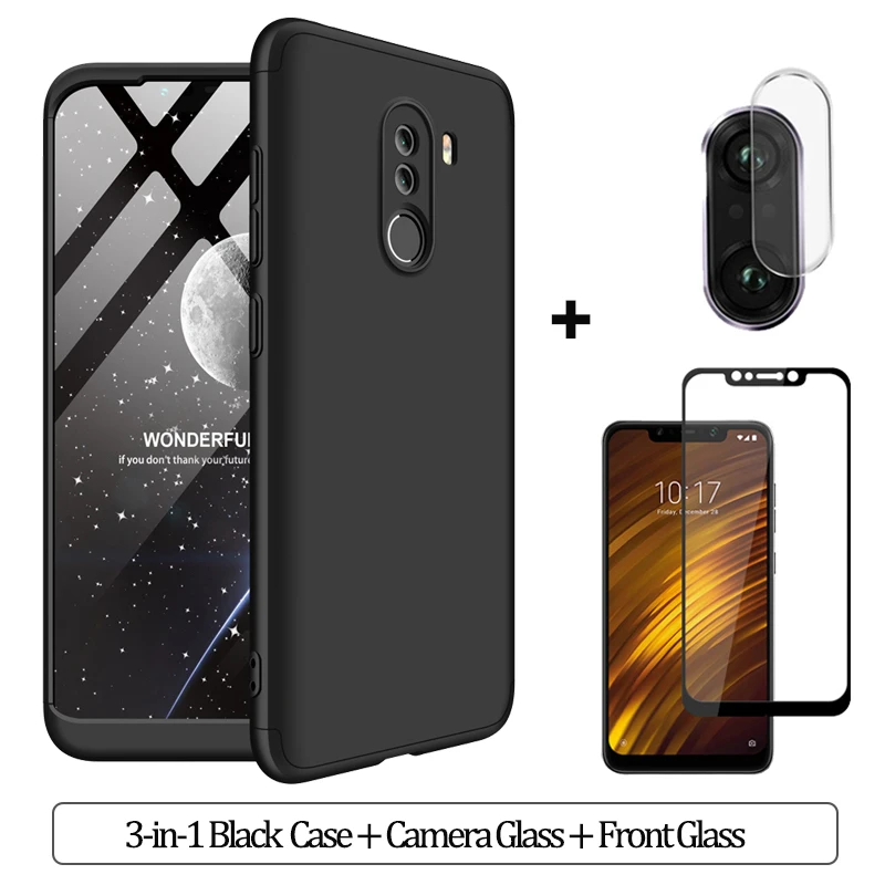 3-in-1 Black Case 3-в-1 Стекло+ бронированный чехол для телефона xiaomi pocophone F1 case 360 Жесткий ПК анти-противоударный бампер чехол pocofone f1 оригинальным стеклянным корпусом xiaomi pocophone f1 чехол на Покофон Ф1 чехол - Цвет: 3-in-1 Black Case