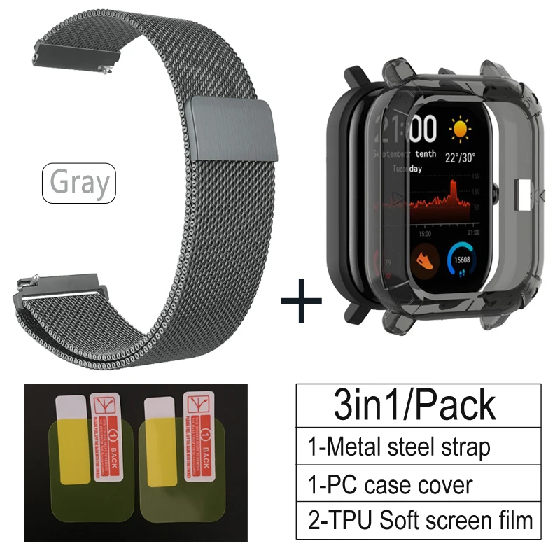 GRAY-BLACK 3в1 Для Amazfit GTS ремешок+ ТПУ чехол для Huami Amazfit gts Smartwatch Защитная пленка для экрана браслет ремешок на запястье - Цвет: GRAY-BLACK