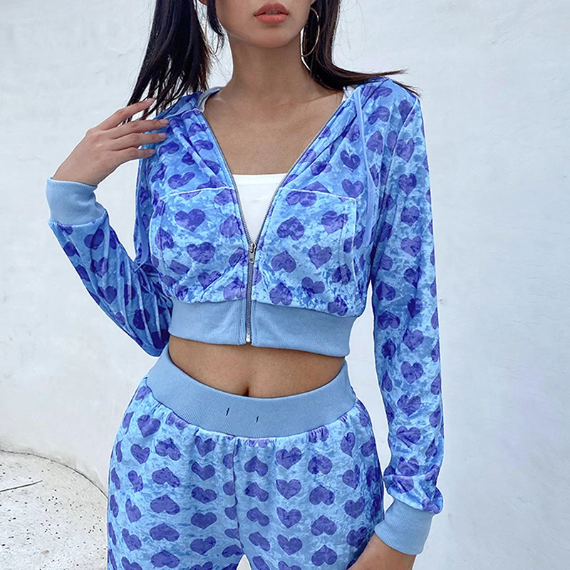 

Pink Heart Print Y2K Pants Suits Korean Zip Up Crop Jackets + High Waist Joggers Tracksuits Women Velvet Two Piece Sets