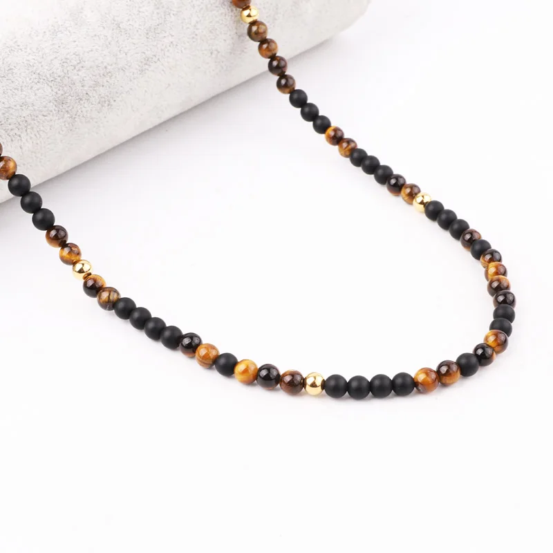 

High Quality New Design Natural Stone Matte Onyx Brown Tiger Eye Stainless Steel Beads Men Long Necklace 30inches Jewelry Gift