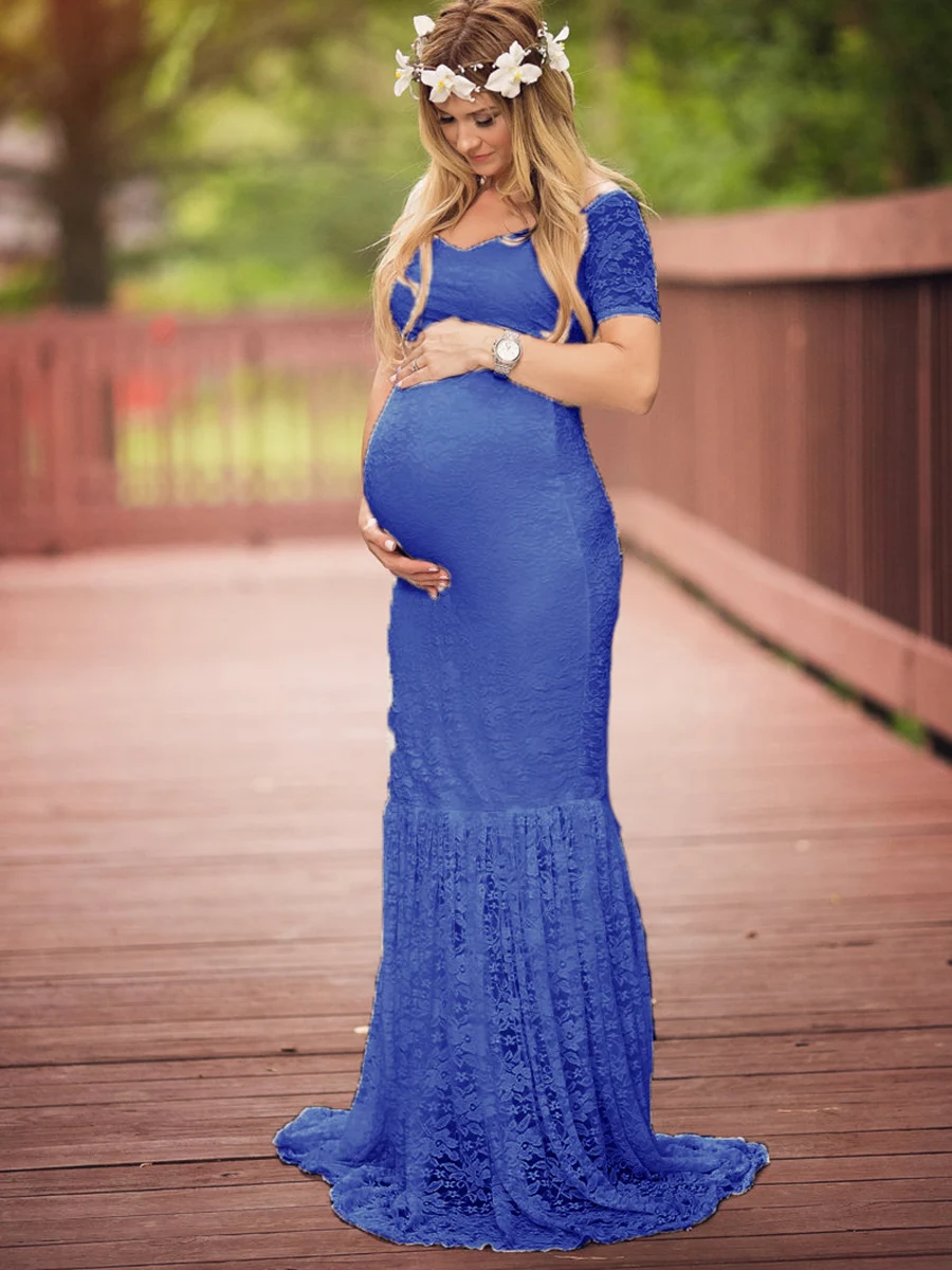 

Kidsweety Maternity Dresses Mermaid Plain Short Sleeve Pullover High Waist V-Neck Patchwork Lace Floor Length Maternity Dresses