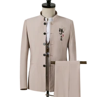 traditional chinese style men stand collar suit coat long sleeve jacket pants groom blazers 2 pcs office wear trousers