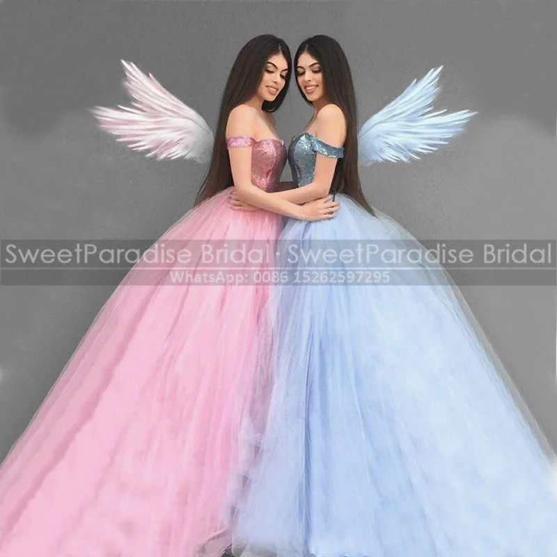 Блестящие пайетки Тюль бальные платья Длинное Пышное Платье трапециевидной