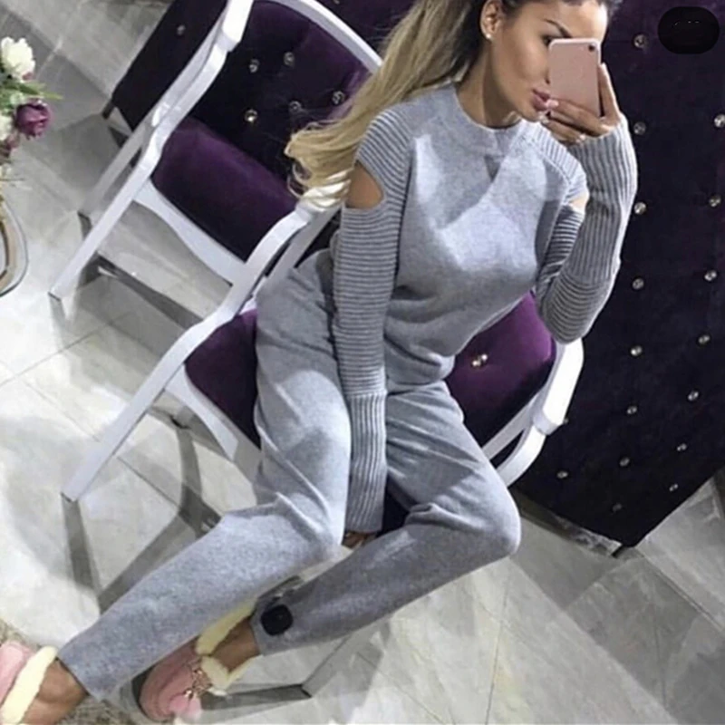 

2021 New Autumn Winter Women Sets Two Pieces Cutout Pockets Knitted Warm Fashionable Tracksuits Lady Suits