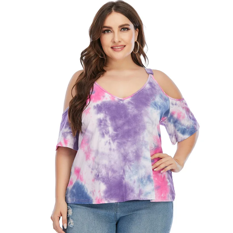 

Женская одежда L-4XL, футболка с открытыми плечами и коротким рукавом, топ с V-образным вырезом, окрашенный в завязку, с бретельками