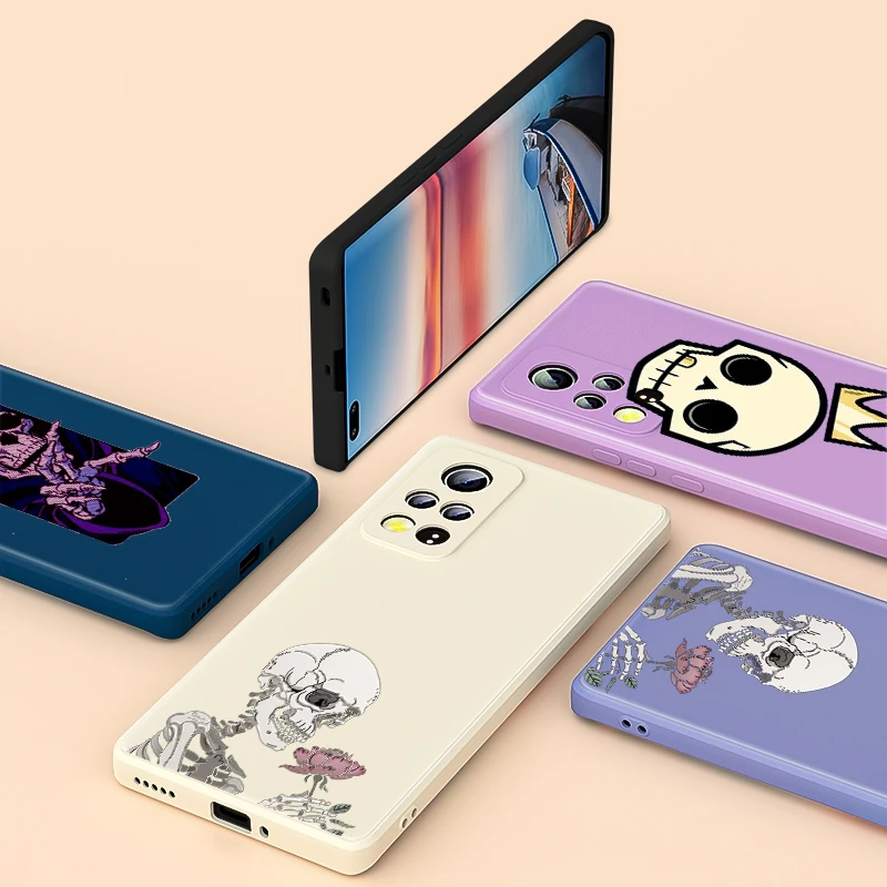 

Phone Case For Honor 50 SE 30 30S 20 20i 20E 10X 10 9X 9C 9S Lite 5G Pro Skull Flowers Liquid Silicone Soft Cover