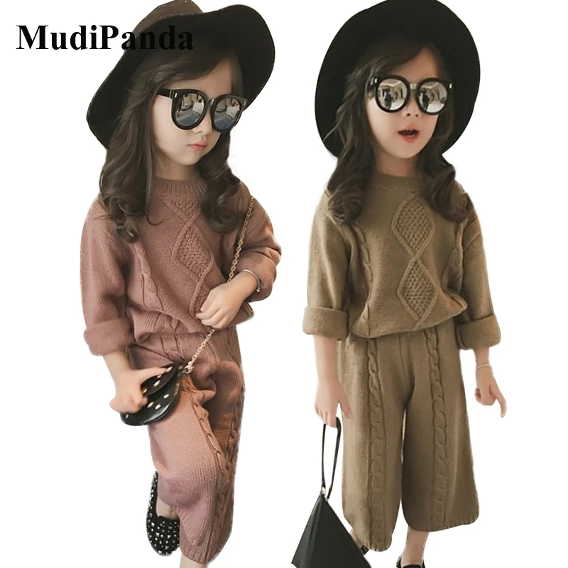 

MudiPanda Autumn New Girls Casual Loose Sweater Pants Suit 2Pcs Children Knitted Suit Winter Girls Clothing Set Baby Clothes