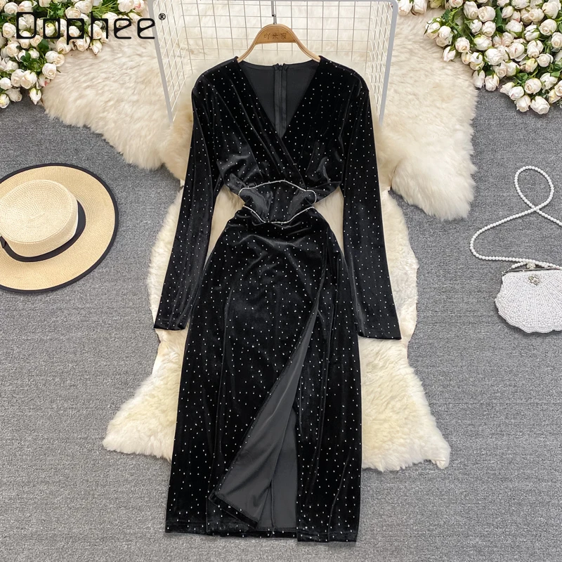 

Женское платье с V-образным вырезом, длинное приталенное платье в горошек, с разрезом и звездным небом, в французском стиле, Осень-зима 2021