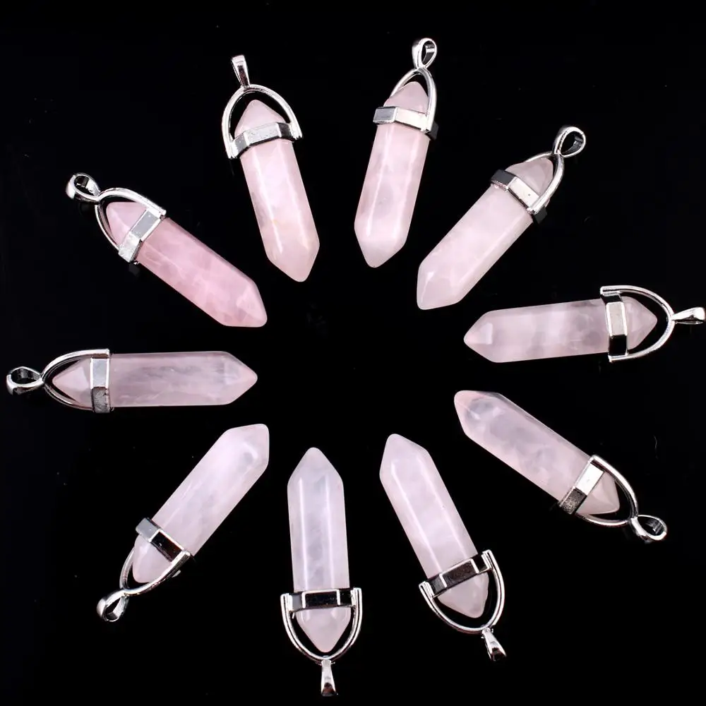 Rose Quartz 10 шт./лот Черный обсидиан Природные Смешанные Камни Камень Точка Шестигранный Кристалл Ювелирные Аксессуары Заявление Женщины Ожерелье - Окраска металла: Rose Quartz