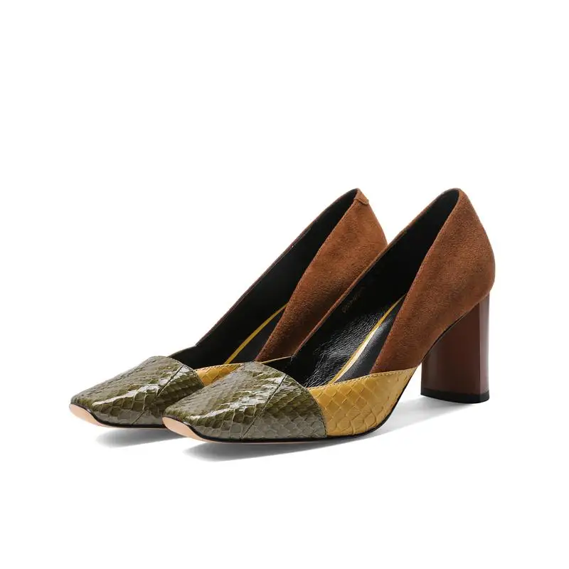 Женские офисные туфли ALLBITEFO натуральная кожа высокий толстый каблук цветные на