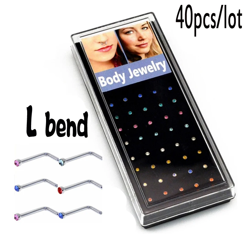 

40PCS L Shaped Nose Ring Unisex Piercing Set Septum Clicker Septum CZ Gem Nose None Studs Accessories for Women Body Jewelry 20G